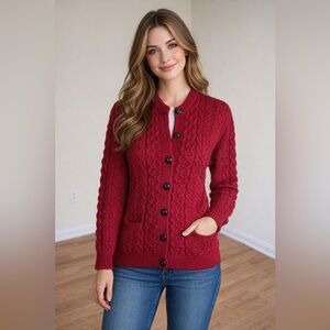 Shannon Woolen Mills Merino Wool Aran Cable Knit Cardigan Red Ireland Small